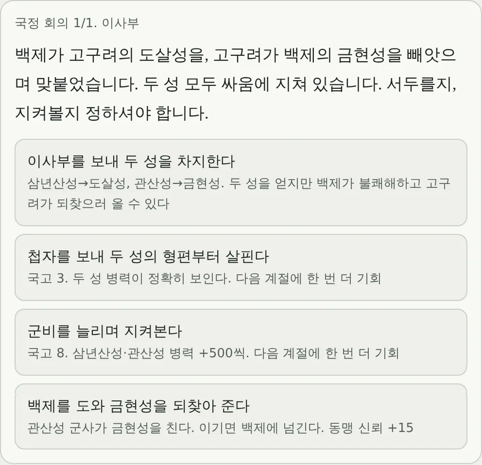 국정 회의 화면: 이사부가 도살성과 금현성을 두고 네 가지 선택지를 제시